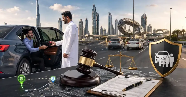 Dubai-skyline-with-law-and-insurance-symbols